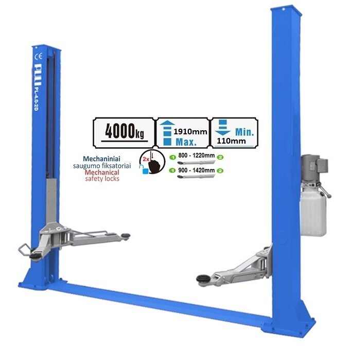Hidraulinis dviejų kolonų keltuvas su mechaniniais fiksatoriais (su prailg. letenomis) 4t 220V